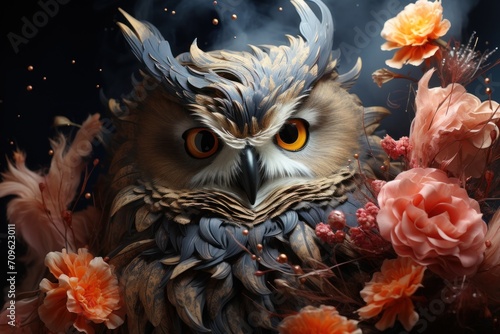  a painting of an owl with yellow eyes surrounded by pink and orange flowers on a dark background with smoke coming out of its eyes.