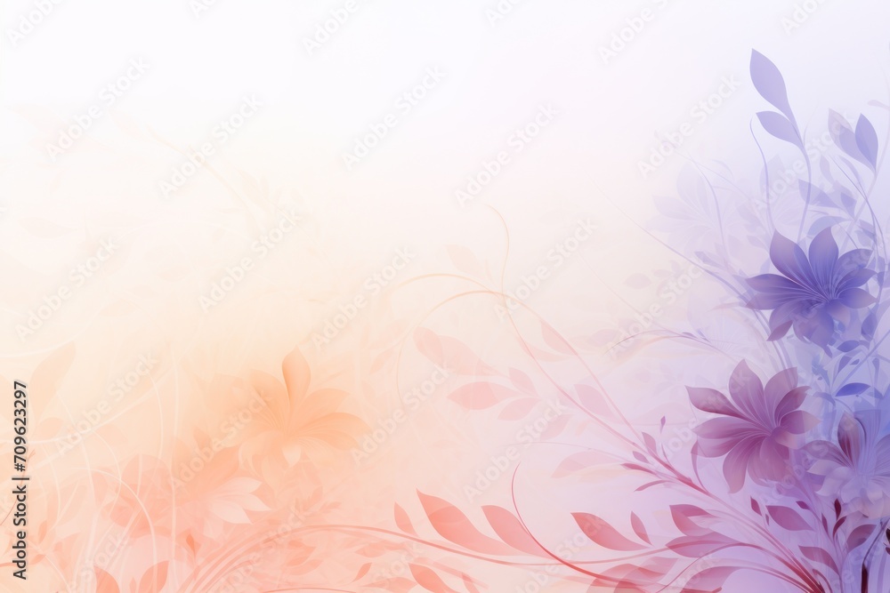  a blurry photo of flowers and leaves on a white and blue background with a pink and orange color scheme.