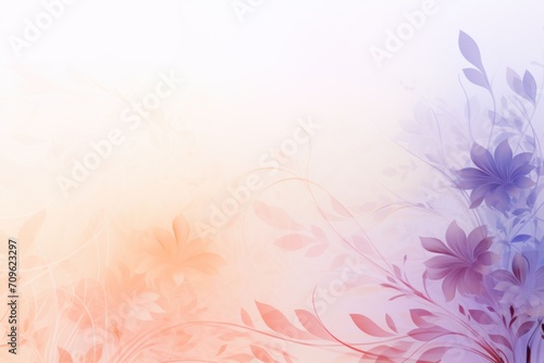  a blurry photo of flowers and leaves on a white and blue background with a pink and orange color scheme. © Nadia