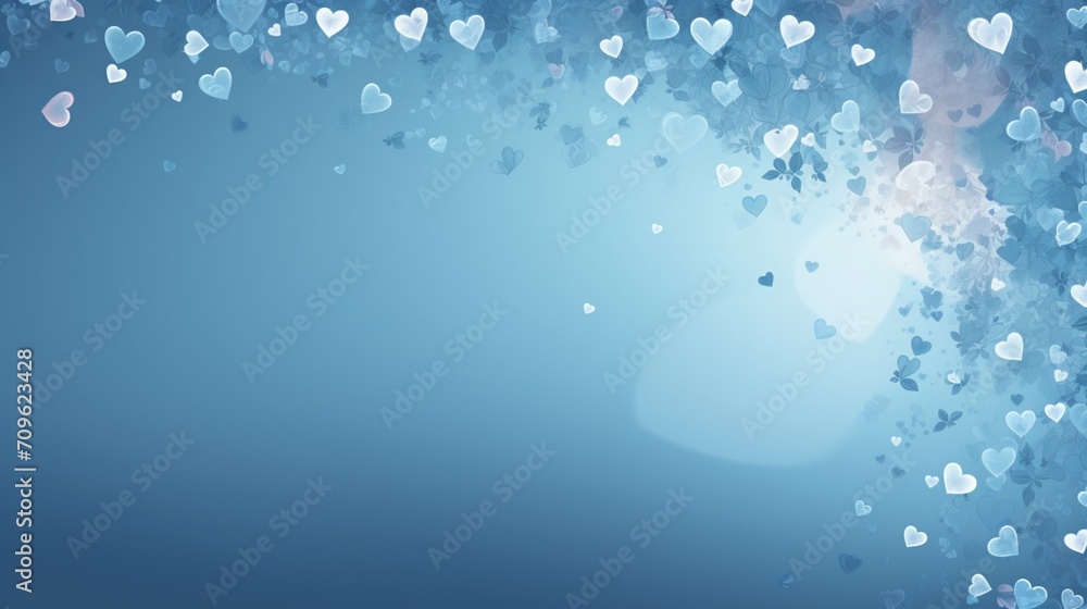 A beautiful blue colored background with hearts, leaving space for text, blurred background - Generative AI