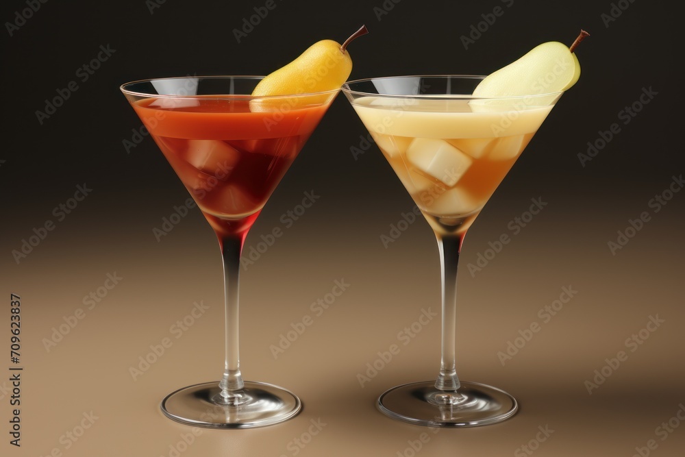  a couple of glasses filled with different types of drinks next to each other with a slice of lemon on top of one of the glasses.