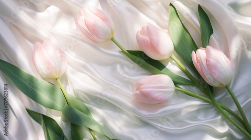 Delicate pink tulips lie on a draped white silk fabric, combining the softness of spring with luxurious texture. #709623814