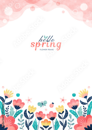 春の花の背景フレーム カラフルな水彩のイラスト枠（縦） photo