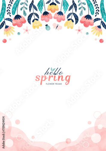春の花の背景フレーム カラフルな水彩のイラスト枠（縦）