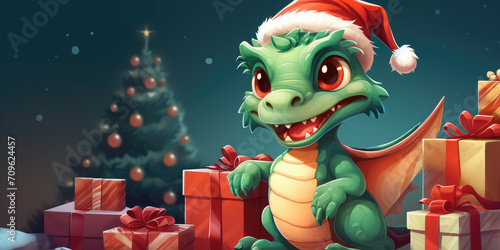 Cute green christmas dragon in santa hat in cartoon style with gift boxs .The dragon is the symbol of 2024. New Year holiday card. Happy New Year 