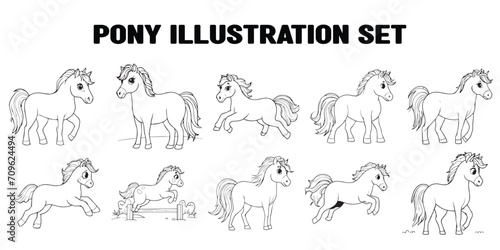 set of pony illustrations. Black and white outline of a pony. Suitable for children s illustrations  stickers  drawing books  etc.