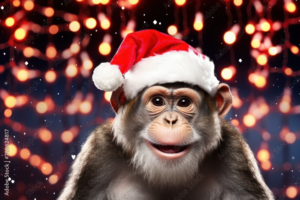 a monkey wearing a santa hat in front of a background of red and white lights with a red and white santa hat on it's head. a monkey wearing a santa hat in front of a background of red and white lights with a red and white santa hat on it's head.