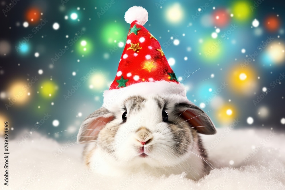 a rabbit wearing a christmas hat on top of a pile of snow with a blurry boke of lights in the background. a rabbit wearing a christmas hat on top of a pile of snow with a blurry boke of lights in the background.