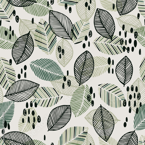 Scandinavian seamless doodle pattern with vintage leaves sketch. For wrapping paper. Ideal for wallpaper, surface textures, textiles.