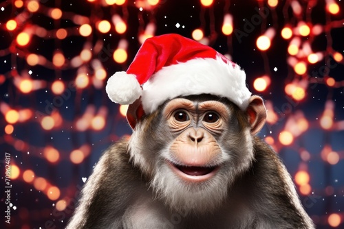  a monkey wearing a santa hat in front of a background of red and white lights with a red and white santa hat on it's head. © Nadia