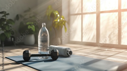 3D render illustration of a yoga mat, dumbbells, a bottle of water, and sport fitness equipment with a female concept photo