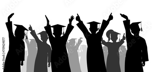 Happy crowd of graduates children in square academic caps. Cheerful people silhouette. Graduation ceremony. Vector  illustration.