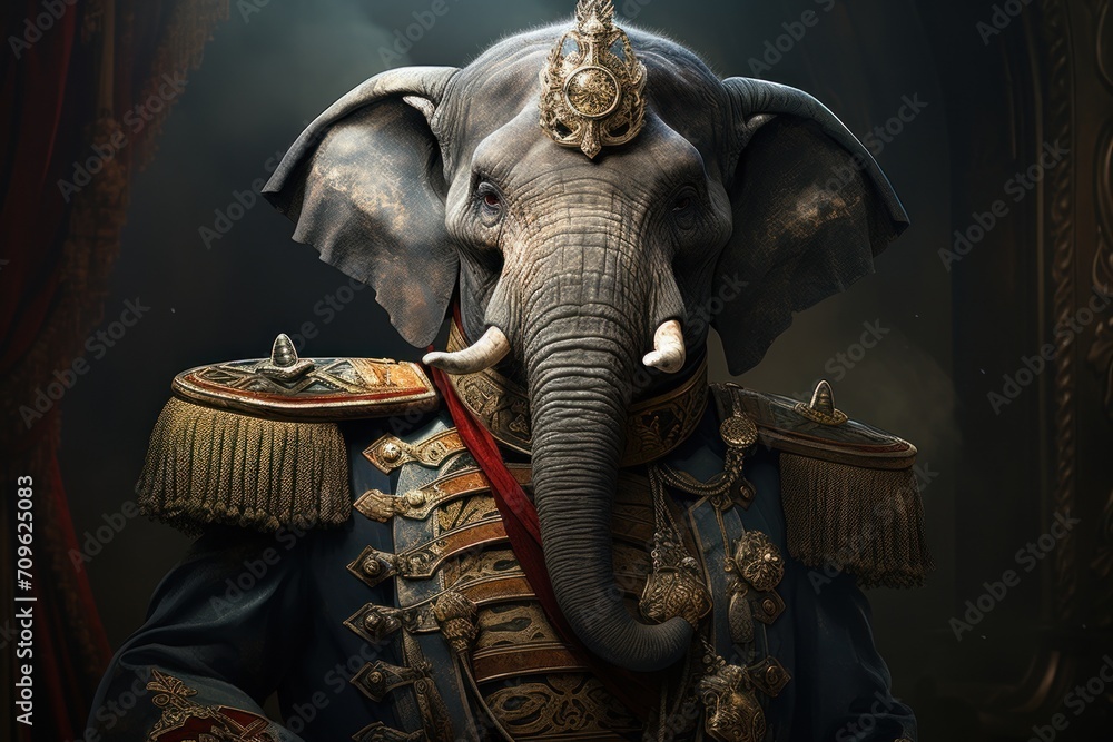  a painting of an elephant wearing a suit and holding a piece of cloth in it's trunk with a hat on it's head. - obrazy, fototapety, plakaty 