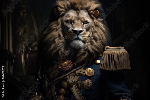  a close up of a lion wearing a suit with a lamp on it s head and a black background.