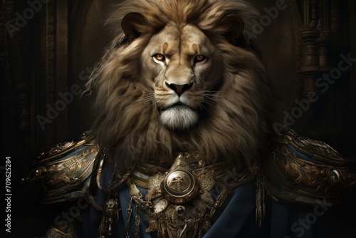  a close up of a lion wearing a suit of armor with a lion s head on top of it.