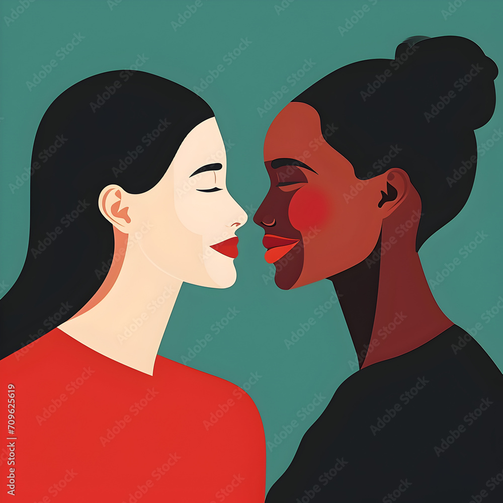 Diverse Women Face-to-Face in Minimalist Illustration, Two women close together, diversity concept illustration Diverse Women Face-to-Face in Minimalist Illustration, Two women close together, diversity concept illustration