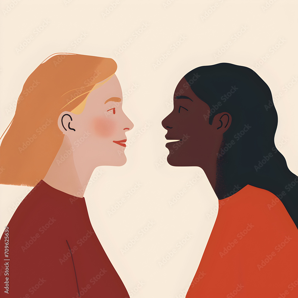 Diverse Women Face to Face Illustration, Friendship Concept, Illustrated portrait of two diverse women in profile view. Diverse Women Face to Face Illustration, Friendship Concept, Illustrated portrait of two diverse women in profile view.