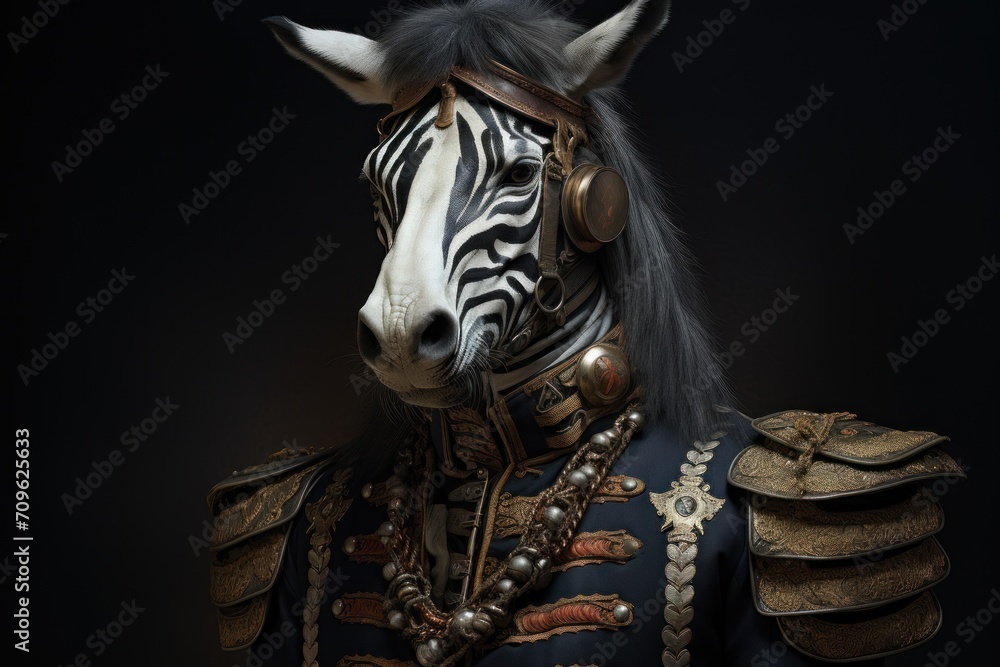 a close up of a zebra's head wearing a suit of armor and a zebra's headdress. a close up of a zebra's head wearing a suit of armor and a zebra's headdress.
