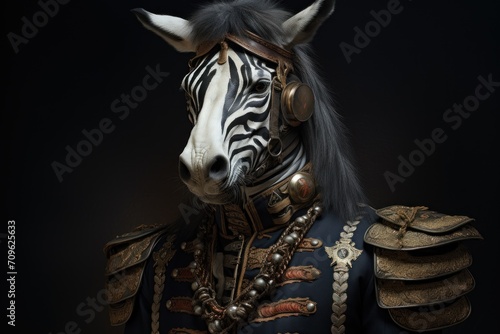  a close up of a zebra s head wearing a suit of armor and a zebra s headdress.