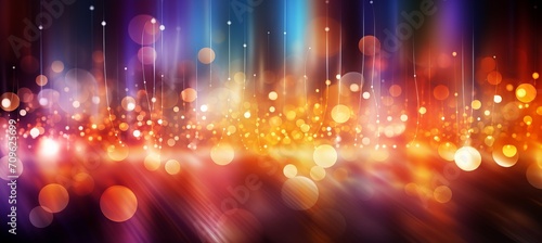 Abstract financial technology symbols on blurred bokeh background with dynamic light streaks