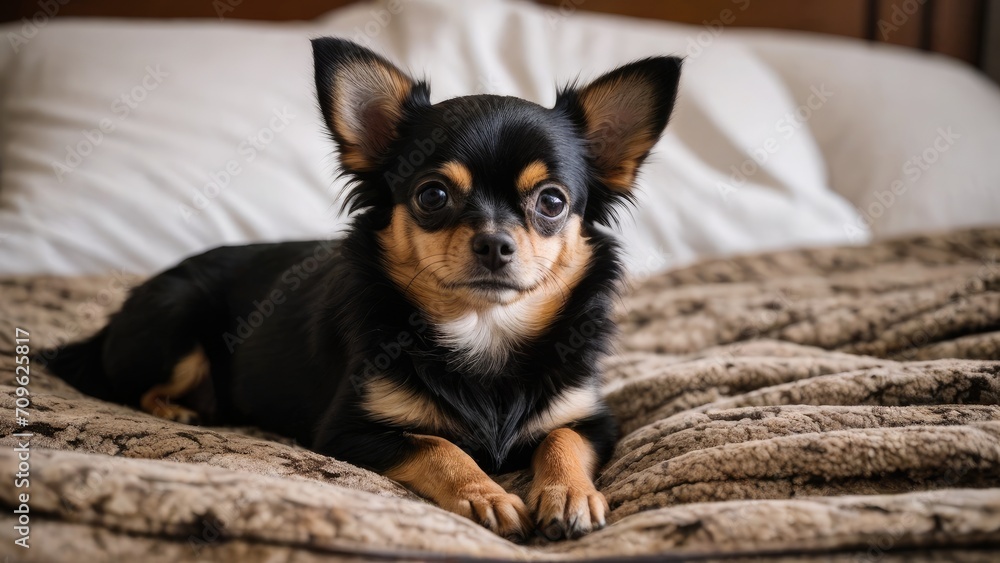 Black and tan long coat chihuahua dog lying on bed in the bedroom