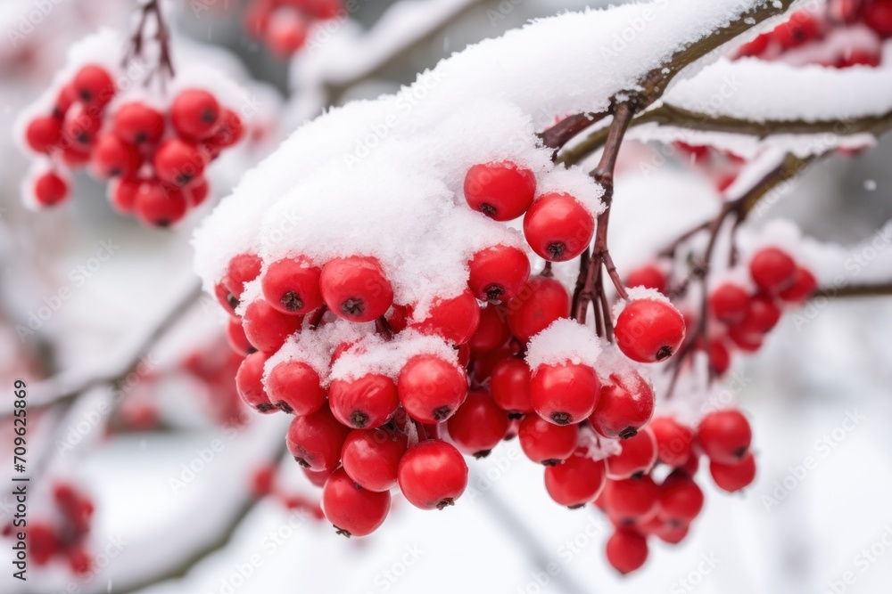 a bunch of berries covered in snow on a branch with snow on the top and bottom of the berries on the branch. a bunch of berries covered in snow on a branch with snow on the top and bottom of the berries on the branch.