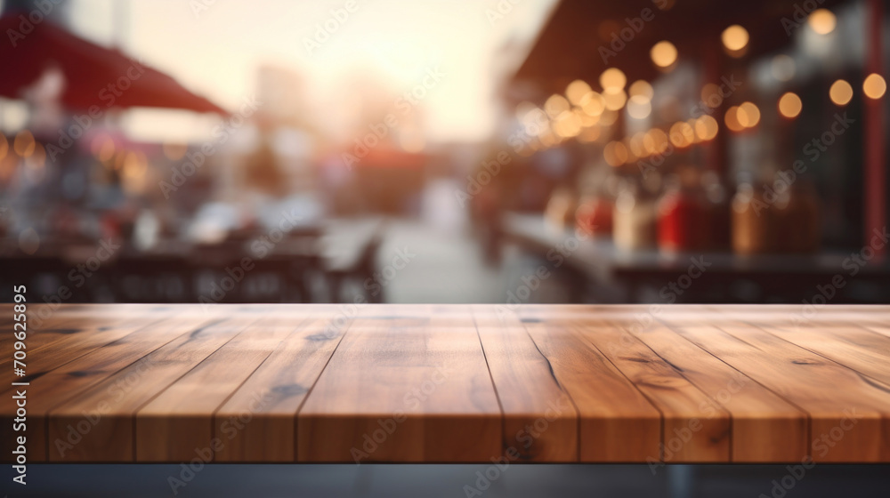 An empty wooden table with a blurred restaurant terrace in the background, ideal for product display.
