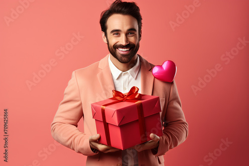 happy handsome man holds red and pink gift box, valentine's day on pink © zgurski1980