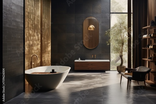  a bath room with a large bath tub and a wooden shelf with a potted plant on top of it. photo