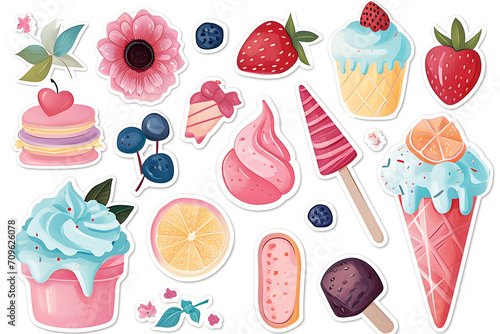 Assorted Sweet Dessert Stickers Collection Isolated on White, Colorful dessert and fruit stickers with a whimsical style photo
