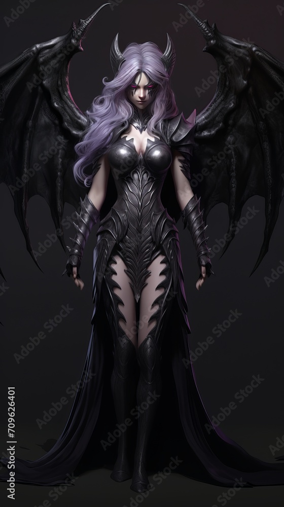 girl devil in the hood with horns, long white hair, and large black wings, with bleeding purple eyes, armor dressed, and angry expressions on her face, character fantasy, the devil