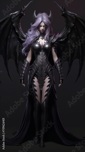 girl devil in the hood with horns, long white hair, and large black wings, with bleeding purple eyes, armor dressed, and angry expressions on her face, character fantasy, the devil