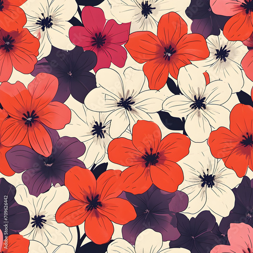 Colorful Floral Pattern with Vibrant Summer Blooms  Seamless floral pattern with red  purple  and white flowers