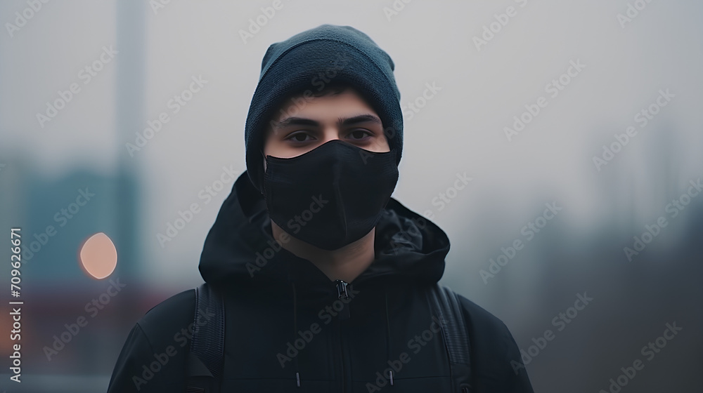 Portrait Muslim wearing an mask. Young man wearing protection mask over smog city.PM2.5 unhealthy air pollution dust smoke in the urban city, PM 2.5.health care