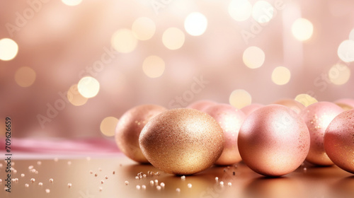 Luxurious golden Easter eggs with sparkling details on a reflective surface with warm bokeh lights.