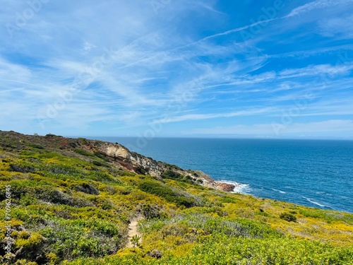 Beautiful rocky ocean coast, blue ocean horizon, natural ocean view