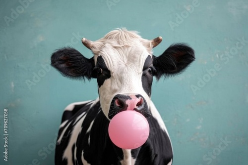 The funny cow appears to be blowing a pink bubblegum bubble, captured against a vibrant turquoise background.