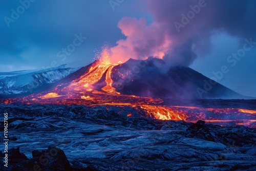 An active volcano dramatically erupts, spewing molten lava and ash under a twilight sky, casting a fiery glow over the surrounding mountains.