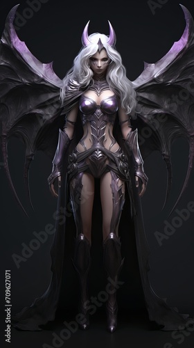girl devil in the hood with horns, long white hair, and large black wings, with bleeding purple eyes, armor dressed, and angry expressions on her face, character fantasy, the devil © Muhammad Hammad Zia