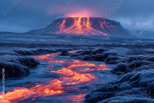 An active volcano dramatically erupts, spewing molten lava and ash under a twilight sky, casting a fiery glow over the surrounding mountains. © photolas