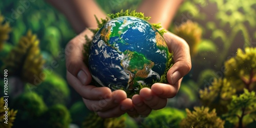 A person holding a small earth in their hands. Can be used to represent concepts of conservation, global awareness, and environmental responsibility
