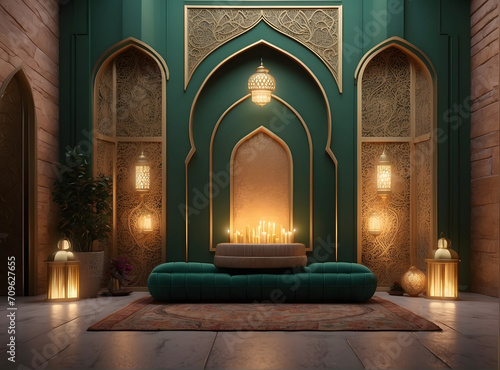 Ramadan kareem mihrab 3d render dark green color background