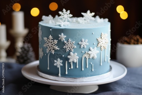  a blue frosted cake with white snowflakes on it and pine cones on the side of the cake.