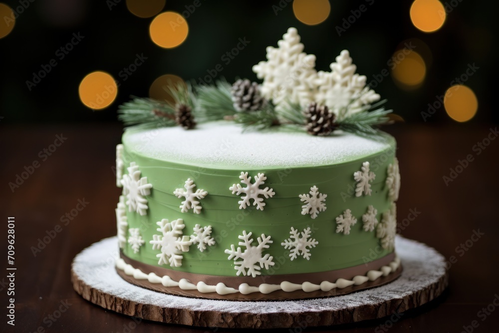 a green frosted cake with white snowflakes and pine cones on a wooden platter with christmas lights in the background. a green frosted cake with white snowflakes and pine cones on a wooden platter with christmas lights in the background.