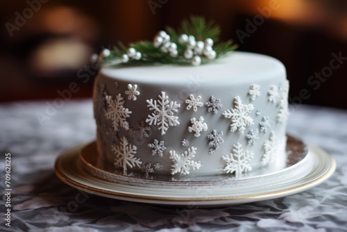  a white frosted cake with snowflakes on top of it on a gold and white plate on a table.