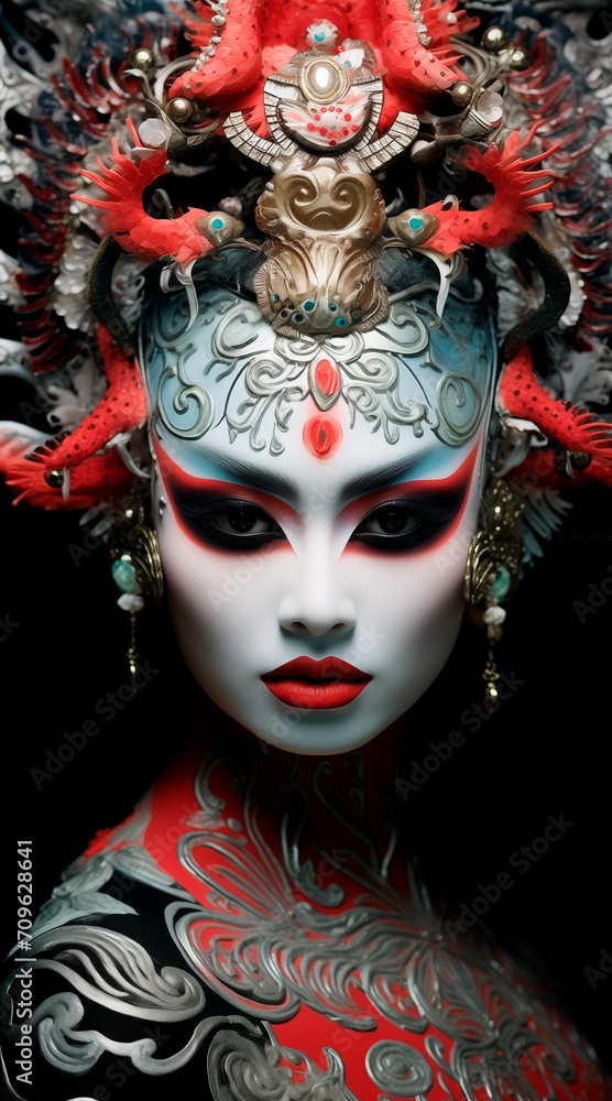 Person in traditional dress and makeup for Bali dance with traditional costumes, in the style of contemporary Chinese art, Kabuki theater, Eastern Zhou dynasty. Asian culture. Chinese, Japanese
