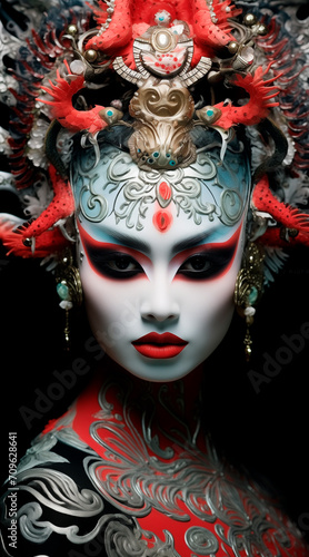Person in traditional dress and makeup for Bali dance with traditional costumes, in the style of contemporary Chinese art, Kabuki theater, Eastern Zhou dynasty. Asian culture. Chinese, Japanese