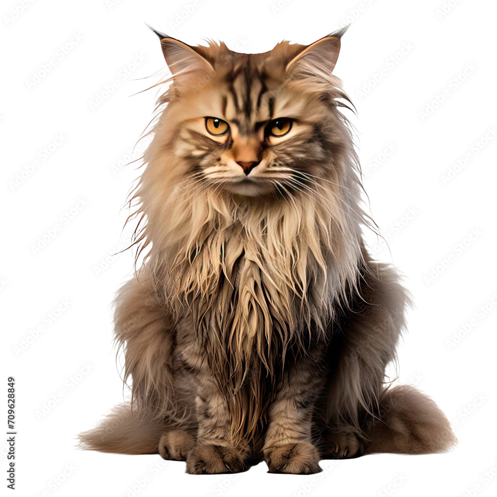 Scarred long hair cat isolated on transparent background