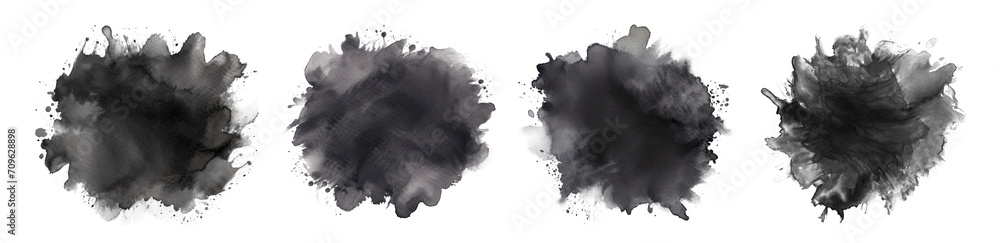 set of black watercolor splash , black brush stock , grunge paint ,isolated on a transparent background. PNG, cutout, or clipping path.	
