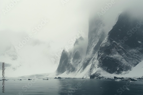  a black and white photo of a mountain with a body of water in the foreground and fog in the background.